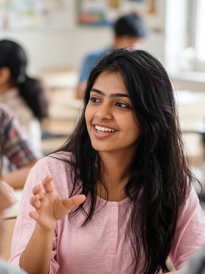 A student speaking in a group discussion