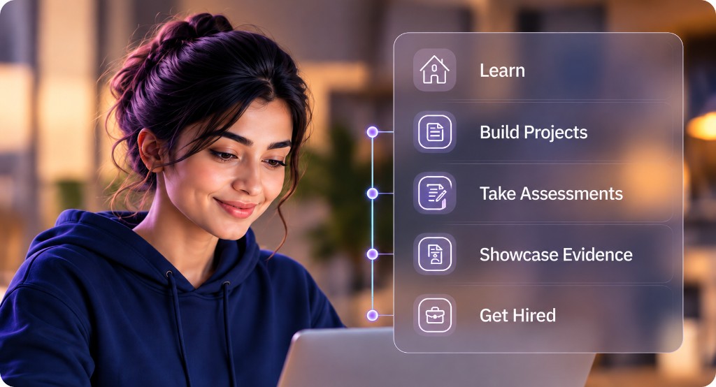 Job seeker reviewing a path from learning to getting hired